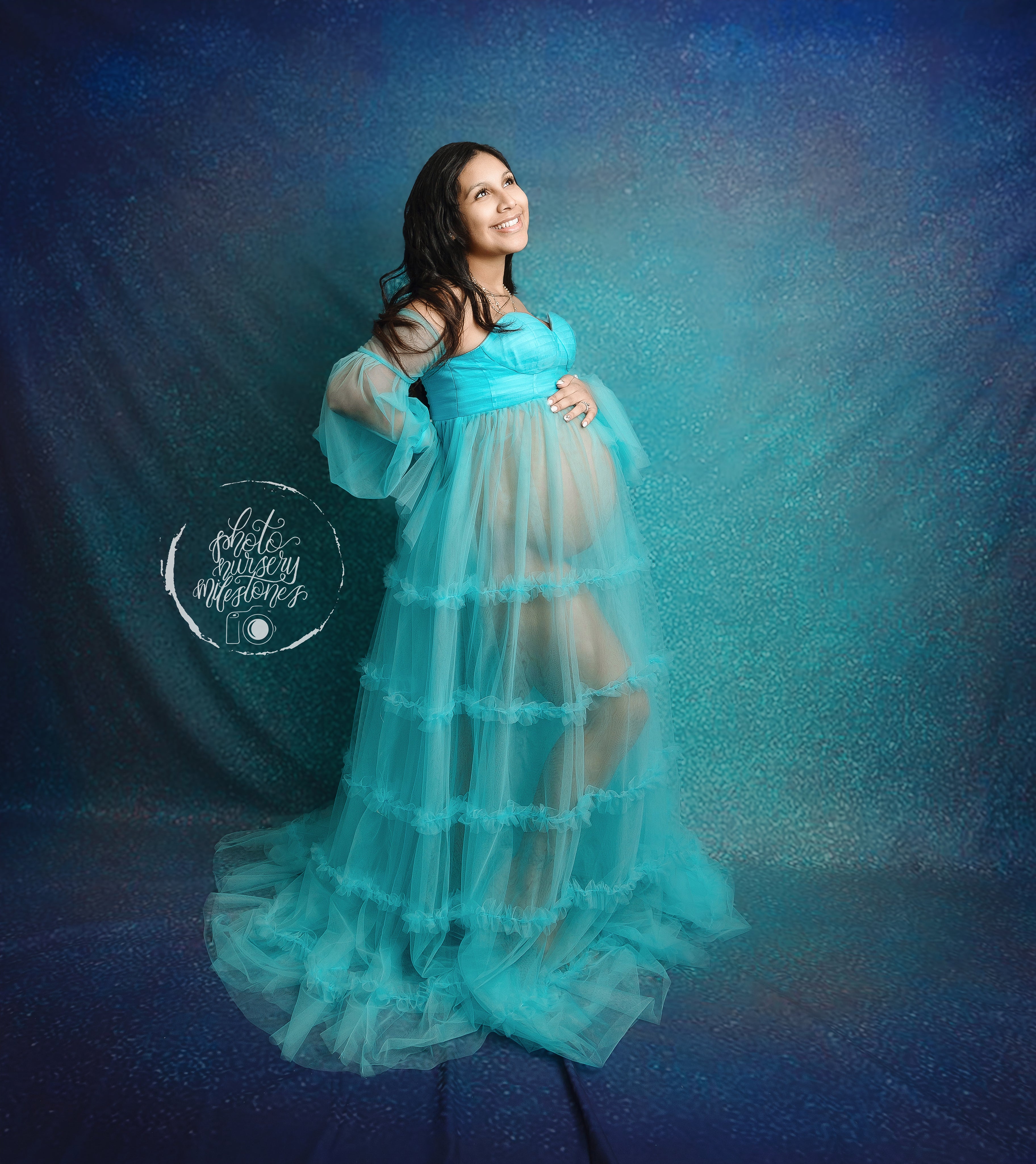 Kate Hoch tailliertes langärmeliges Mutterschafts-Fotoshoot-Kleid aus Mesh - Kate Backdrop.de