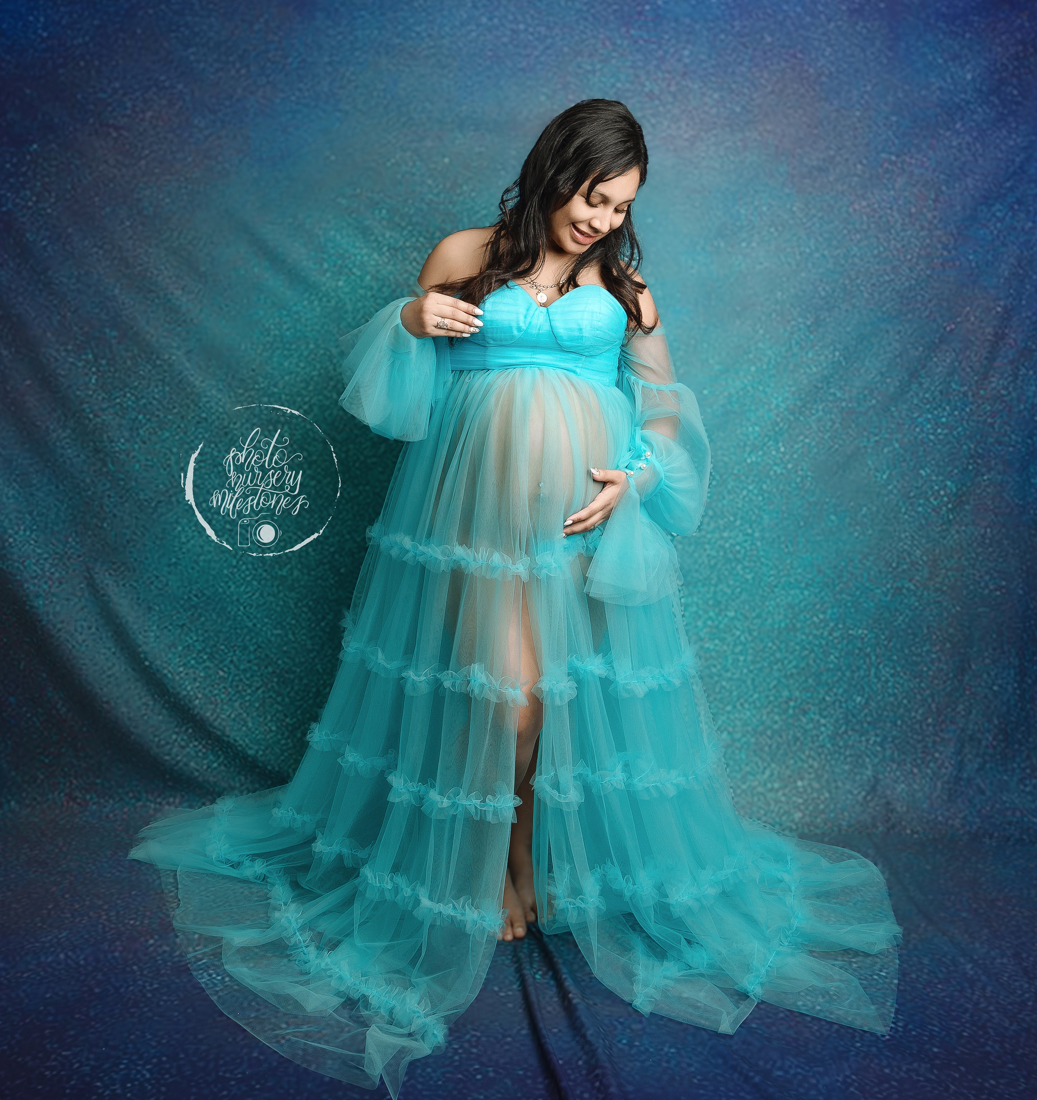 Kate Hoch tailliertes langärmeliges Mutterschafts-Fotoshoot-Kleid aus Mesh - Kate Backdrop.de