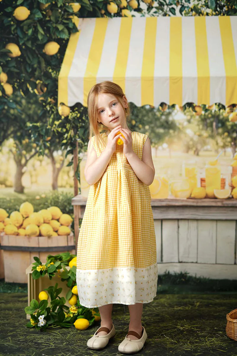 Kate Ärmelloses gelb kariertes Baumwollkleid für Kinder für die Fotografie - Kate Backdrop.de
