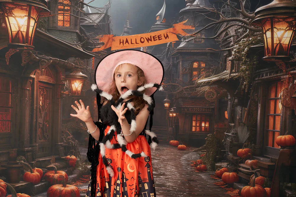 Kate Halloween Kürbis Straße Hintergrund+Brauner Steinboden Hintergrund - Kate Backdrop.de