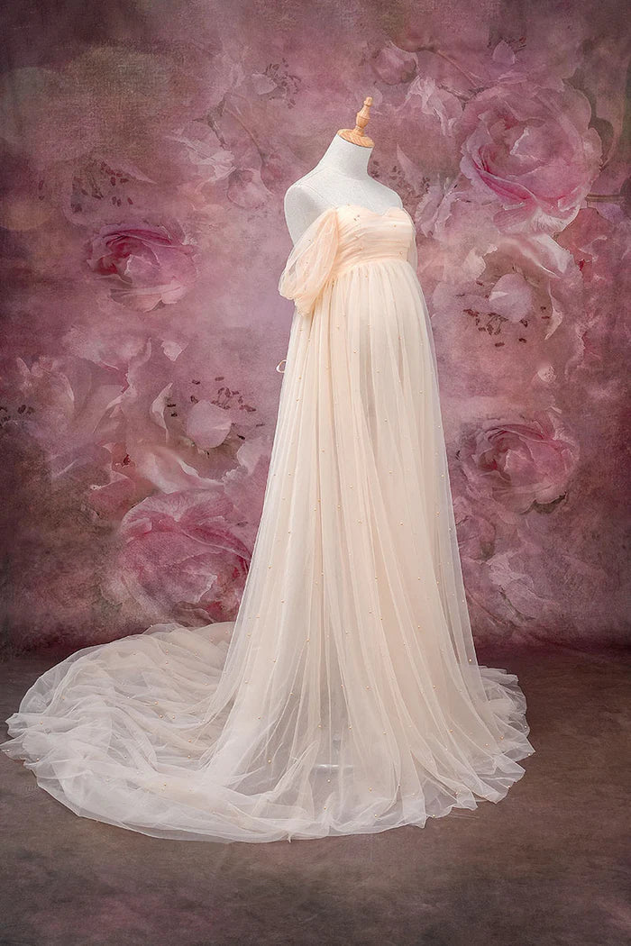Kate One Shoulder Mesh In Beige Mutterschaft Fotoshoot Kleid - Kate Backdrop.de