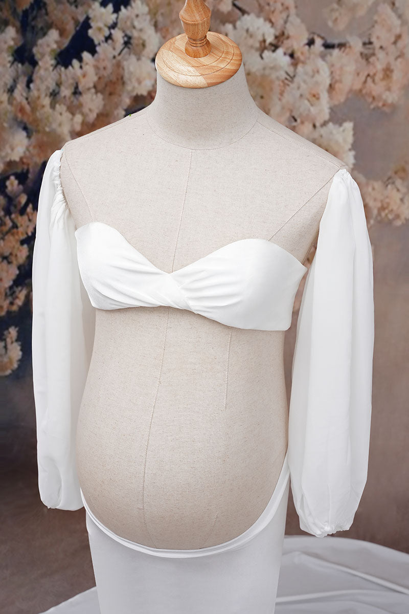White long sleeve satin maternity dress detail