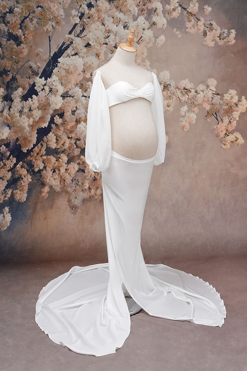 White long sleeve satin maternity dress side view