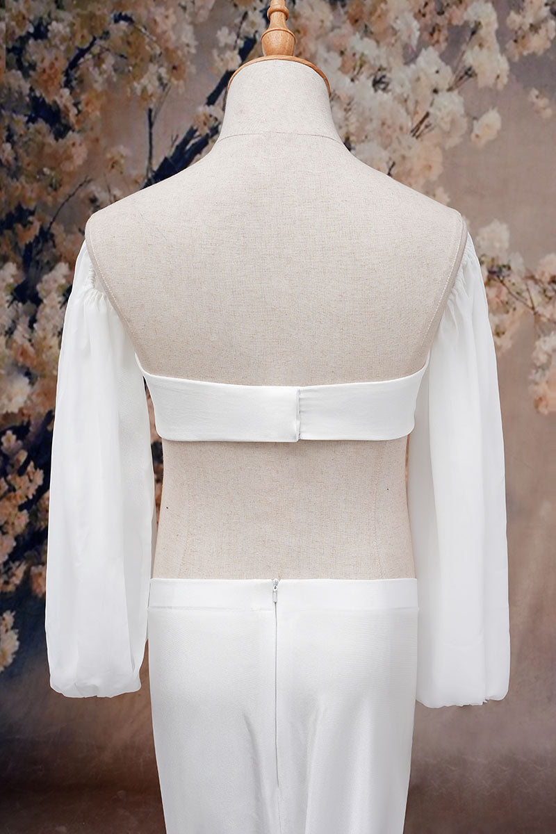 White long sleeve satin maternity dress detail