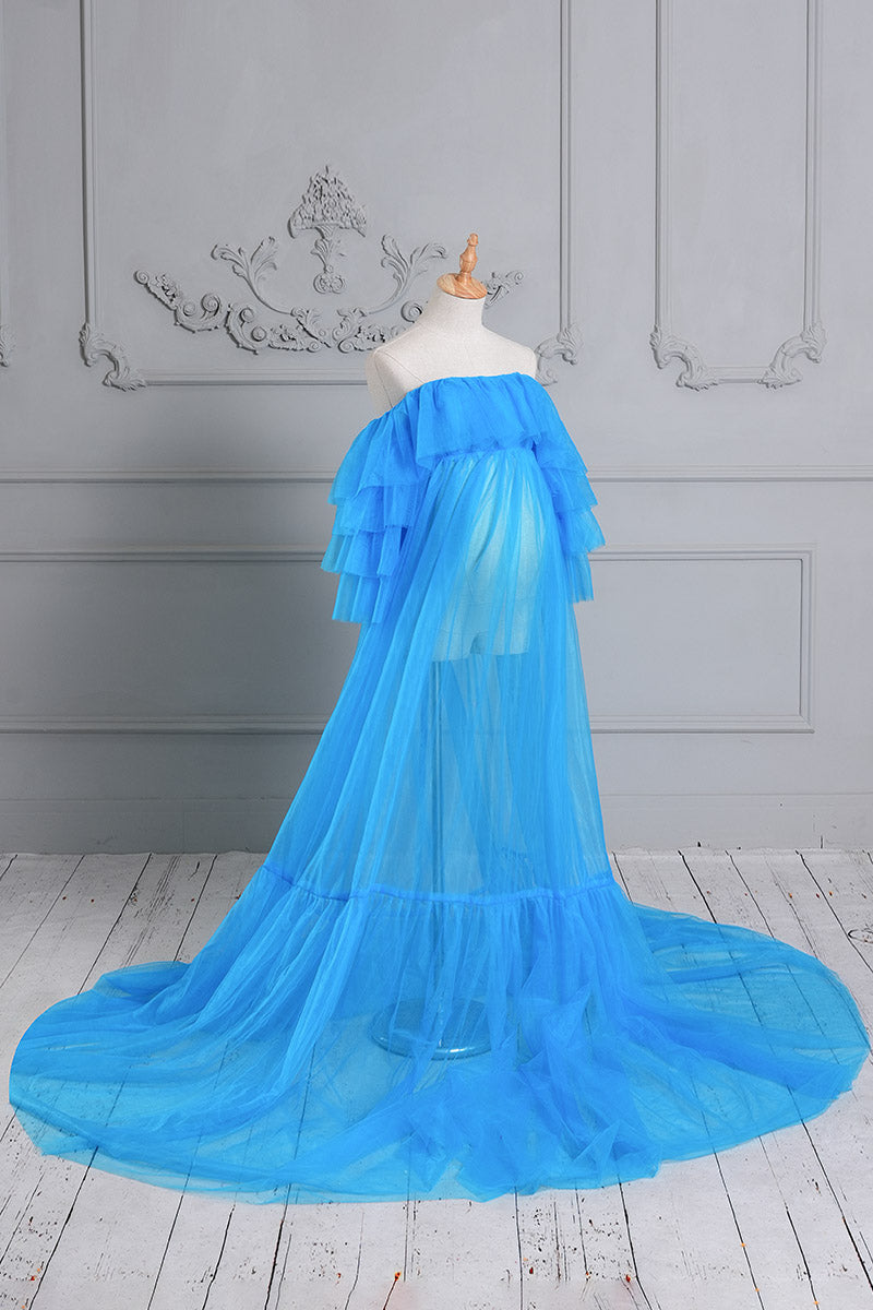 Side view of blue tubeless mesh maternity dress