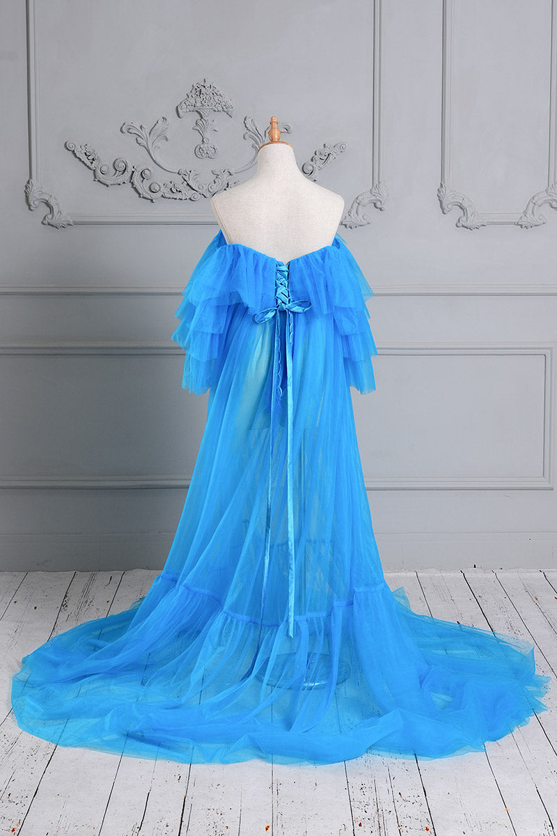 Blue tubeless mesh maternity dress back photo