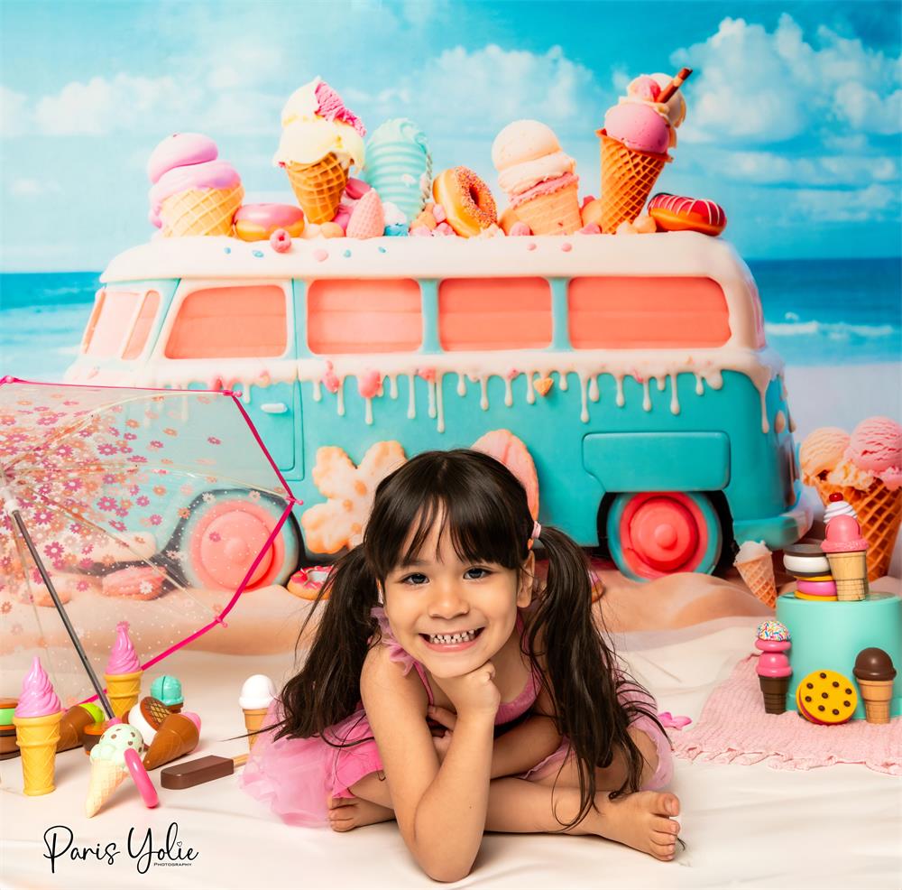 Kate Sommer Küsten Rosa Blaues Eiscreme Auto Hintergrund Entworfen von Chain Photography - Kate Backdrop.de