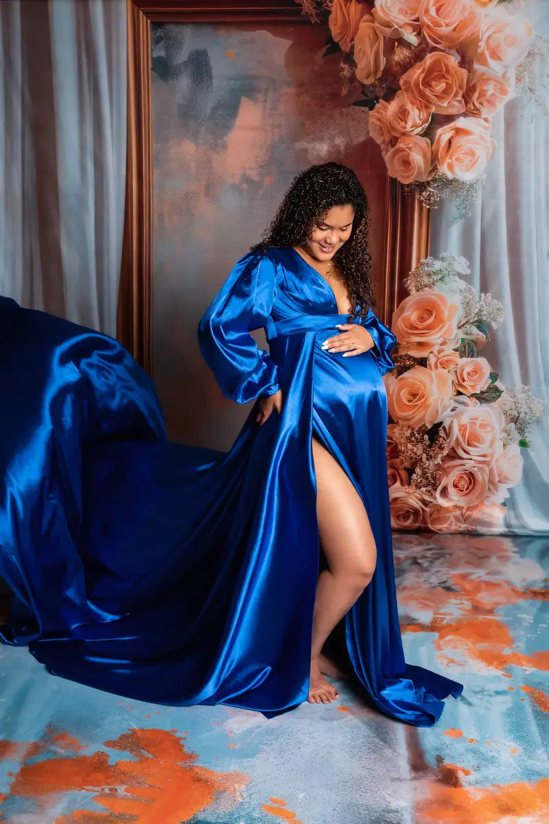 Kate Long Sleeve Satin Blue Maternity Photoshoot Dress - Kate Backdrop.de