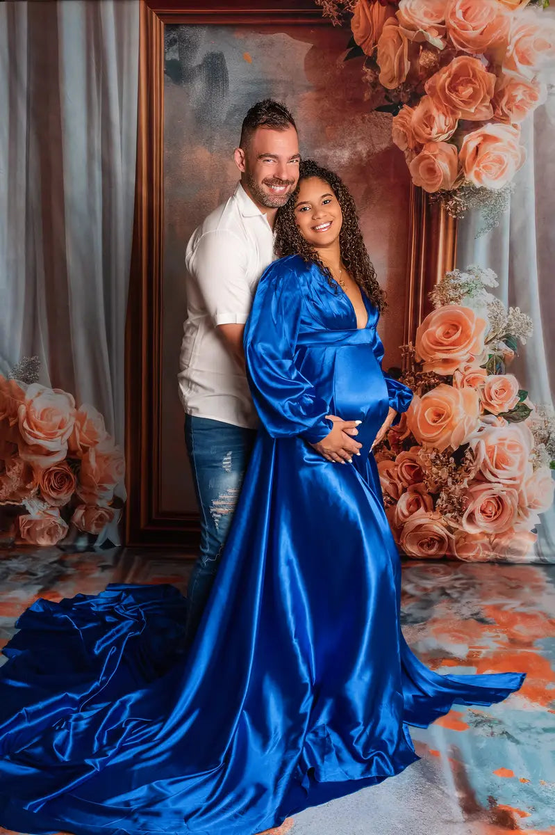 Kate Long Sleeve Satin Blue Maternity Photoshoot Dress - Kate Backdrop.de