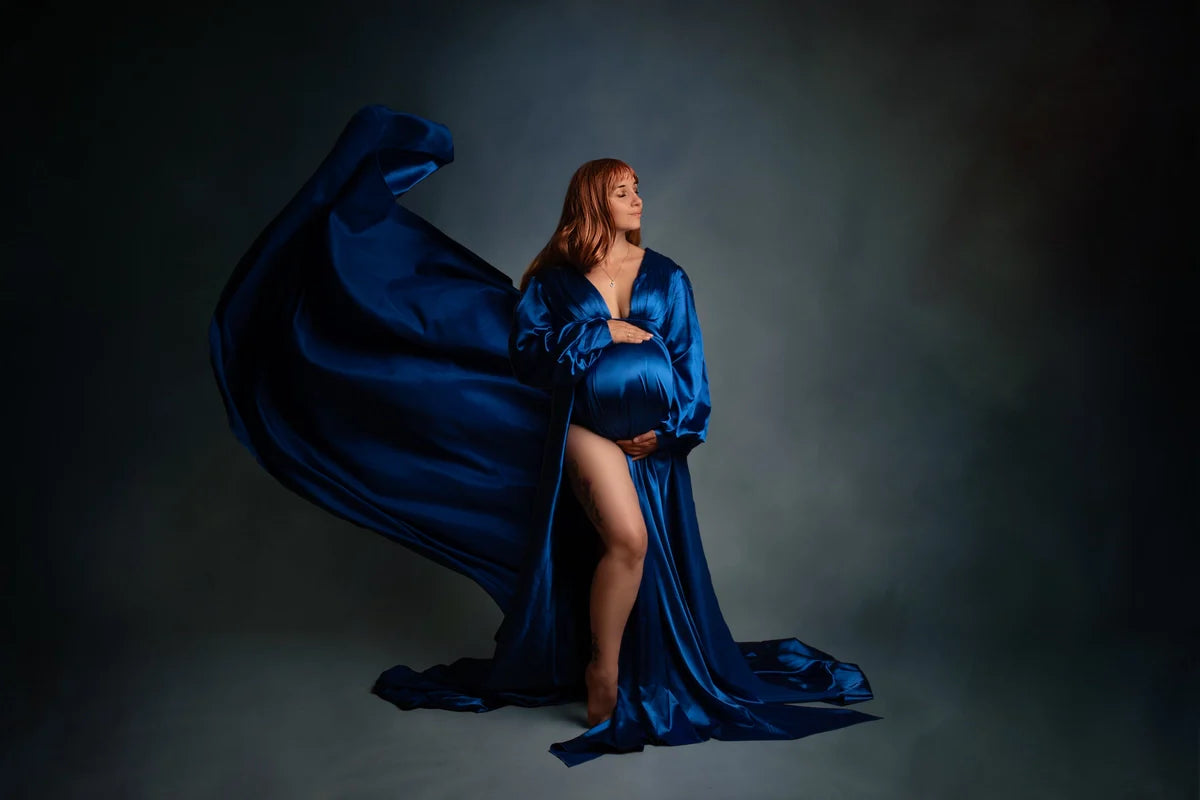Kate Long Sleeve Satin Blue Maternity Photoshoot Dress - Kate Backdrop.de