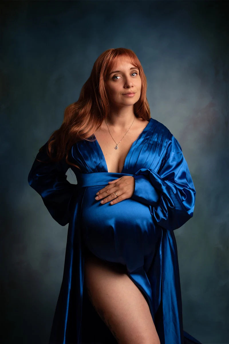 Kate Long Sleeve Satin Blue Maternity Photoshoot Dress - Kate Backdrop.de