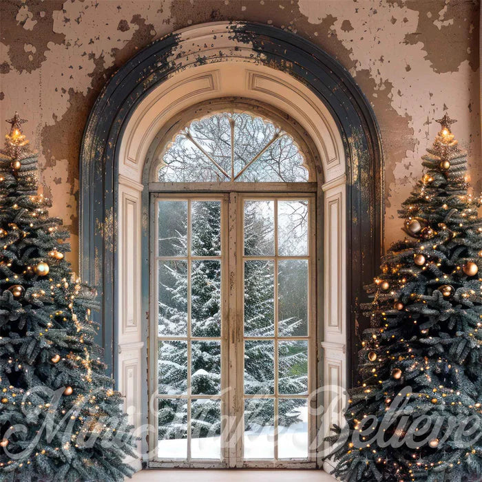Kate Weihnachten Weißer Vorhang Grauer Retro-Bogen-Fensterhintergrund Entworfen von Mini MakeBelieve - Kate Backdrop.de