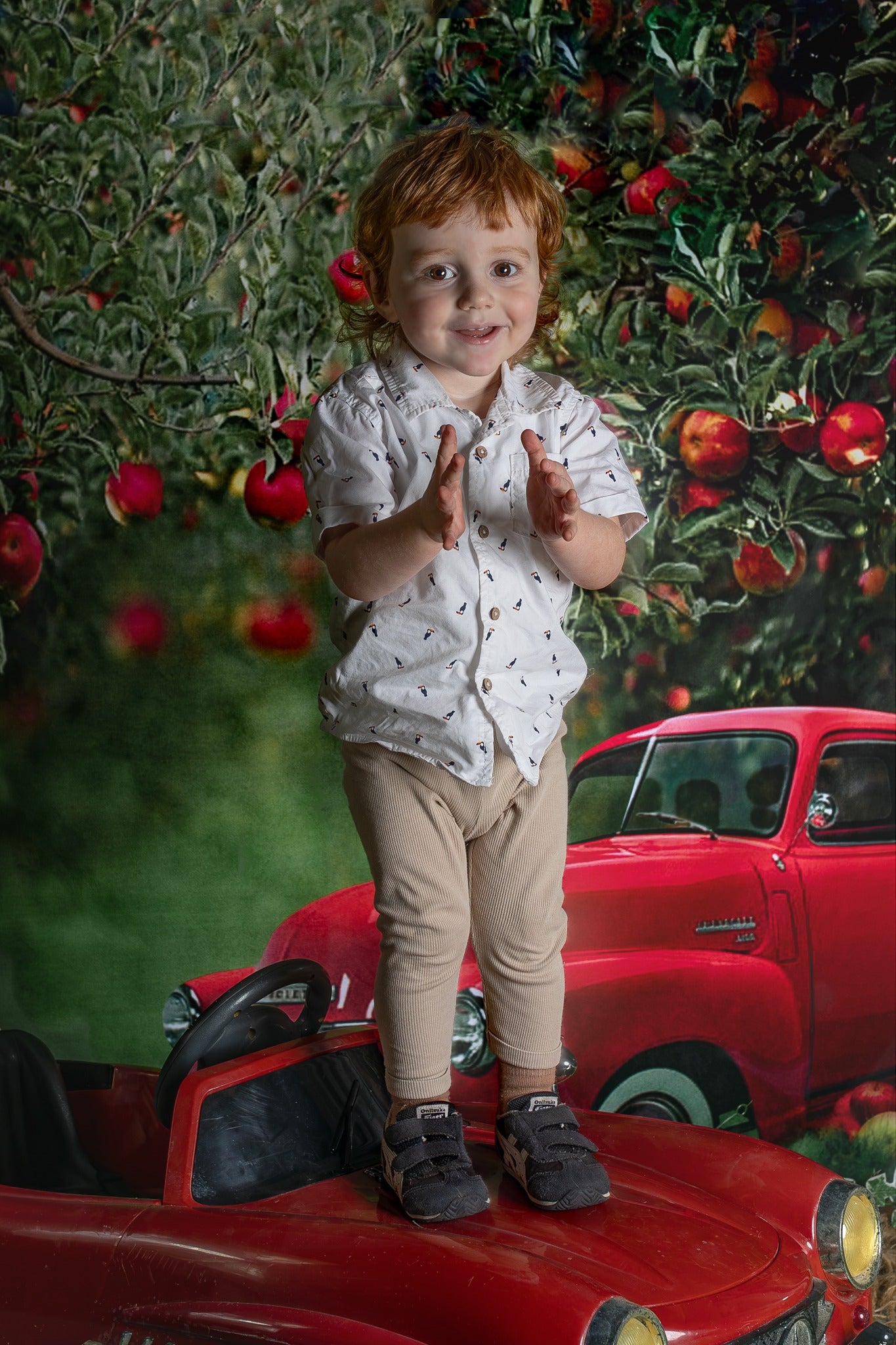 Kate Frühling Apfel Obstgarten roten LKW Hintergrund von Rosabell Fotografie - Kate Backdrop.de