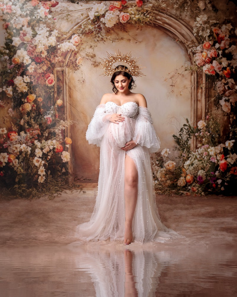 Kate Beige Blumenwand Frühling Hintergrund von Emetselch - Kate Backdrop.de