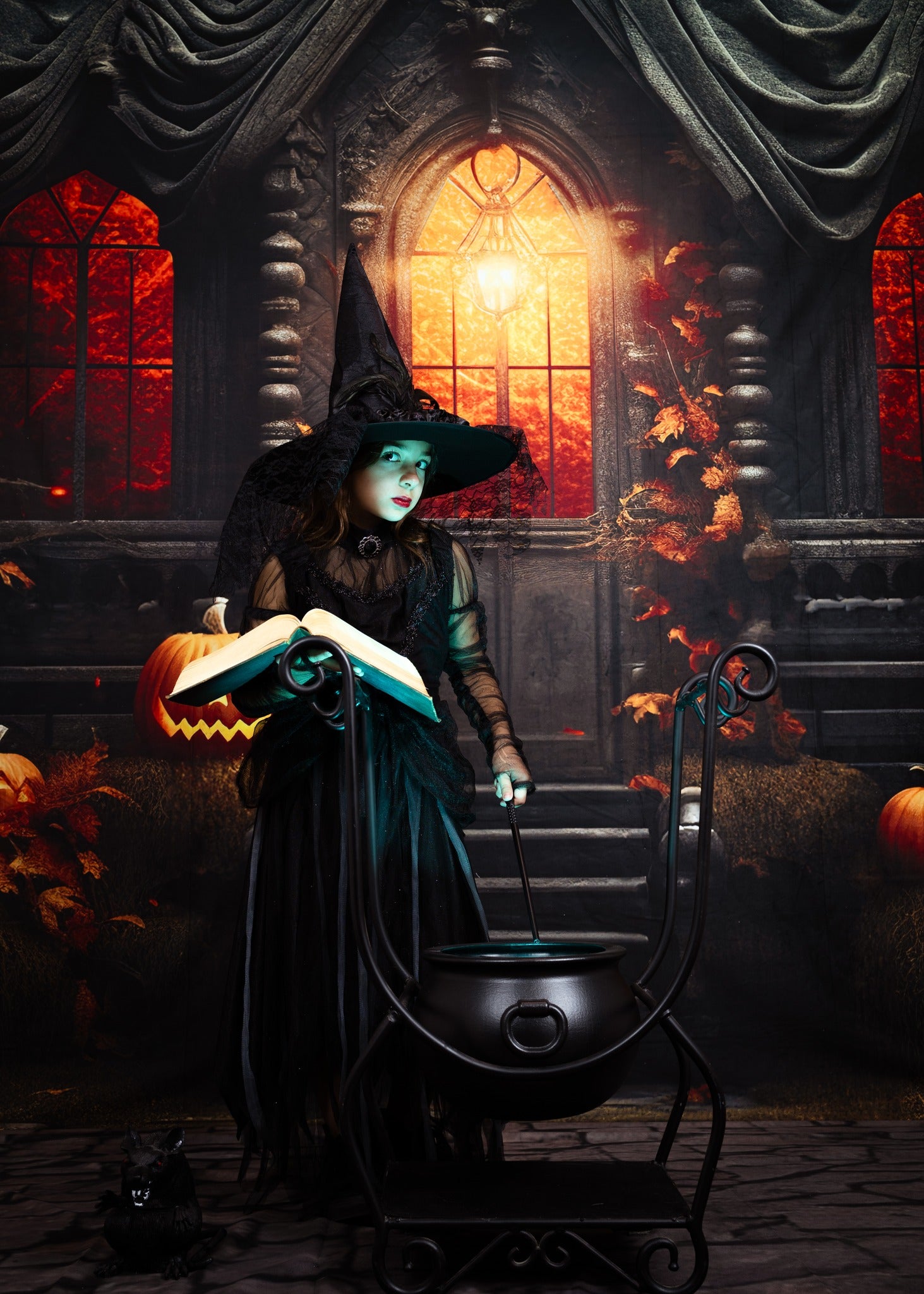 Kate Halloween Sonnenuntergang Spooky Kürbis Haus Hintergrund für Fotografie - Kate Backdrop.de