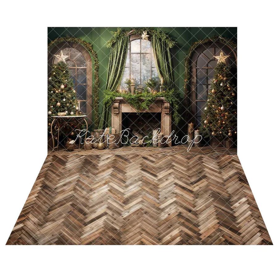 ⚡Blitzangebote --Kate Weihnachten Grün Kamin Vorhang Hintergrund+Braun Holz Fischgrät Boden Hintergrund - Kate Backdrop.de