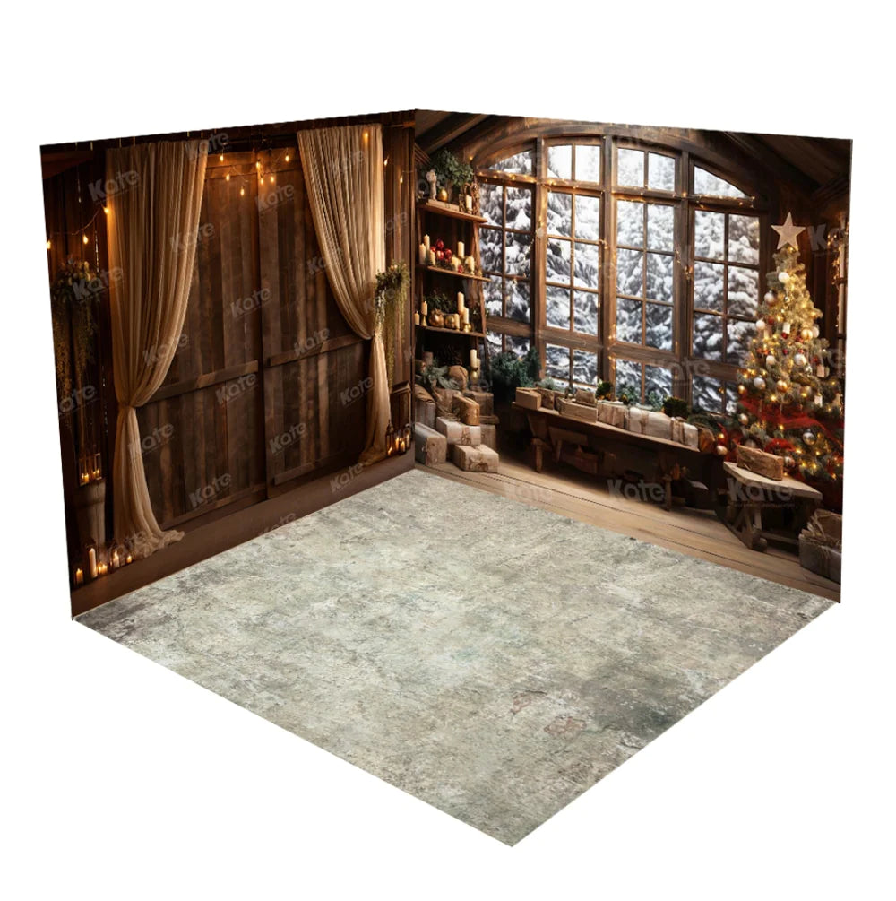 Kate Weihnachten -Baum Winter Schnee Holz Zimmer SetKate Weihnachten Holly Fenster Tür Schwarz Zimmer Set(8ftx8ft&10ftx8ft&8ftx10ft) - Kate Backdrop.de