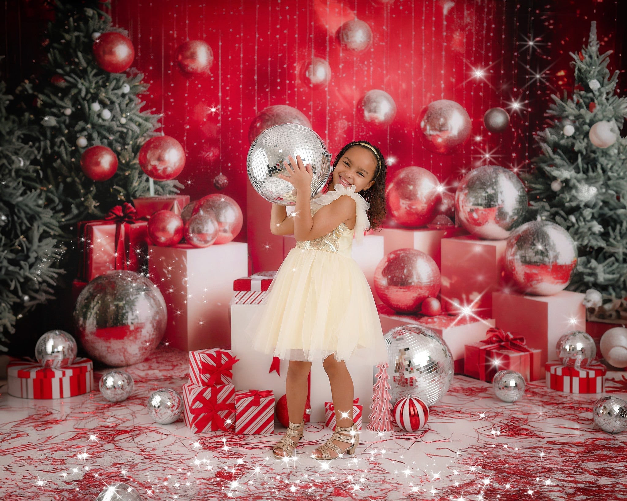 ⚡Blitzangebote #4-Kate Weihnachtsdisco Silberne Kugel Rote Wand hintergrund - Kate Backdrop.de