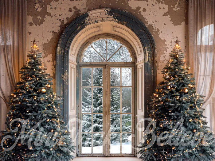 Kate Weihnachten Weißer Vorhang Grauer Retro-Bogen-Fensterhintergrund Entworfen von Mini MakeBelieve - Kate Backdrop.de