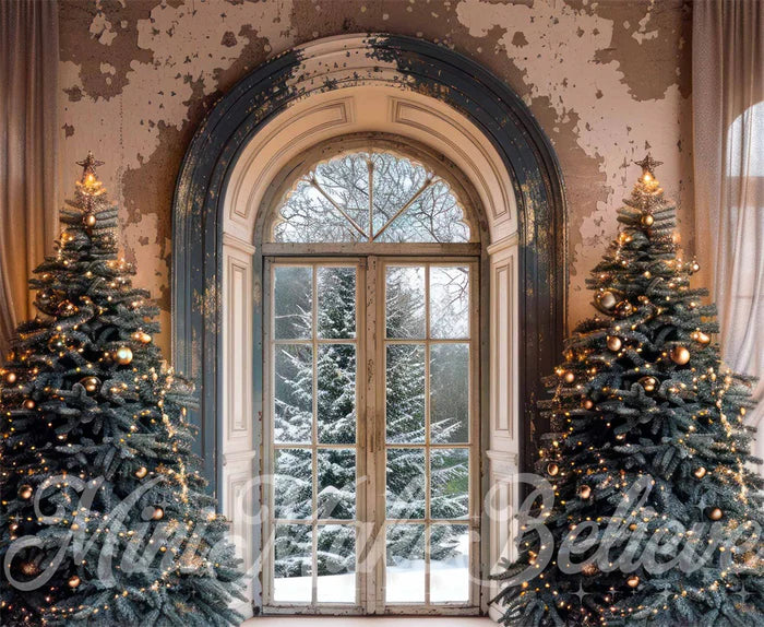 Kate Weihnachten Weißer Vorhang Grauer Retro-Bogen-Fensterhintergrund Entworfen von Mini MakeBelieve - Kate Backdrop.de