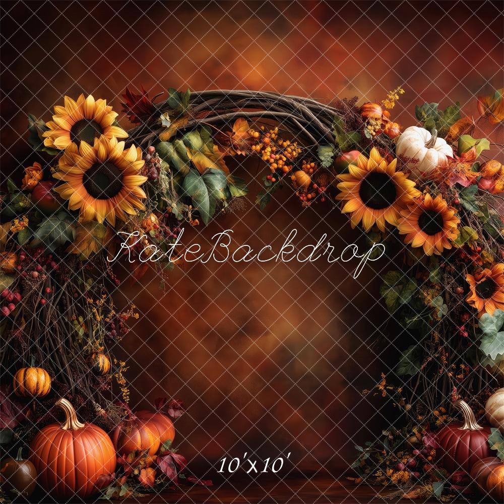 Kate Herbst Kürbis Sonnenblumen Kranz Braun Hintergrund Entworfen von Patty Roberts - Kate Backdrop.de