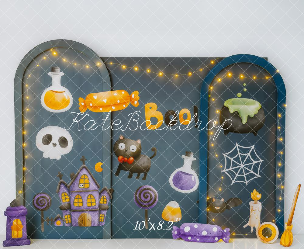 Kate Halloween Spukhaus Süßigkeiten Dunkelblau Hintergrund Entworfen von Patty Roberts - Kate Backdrop.de