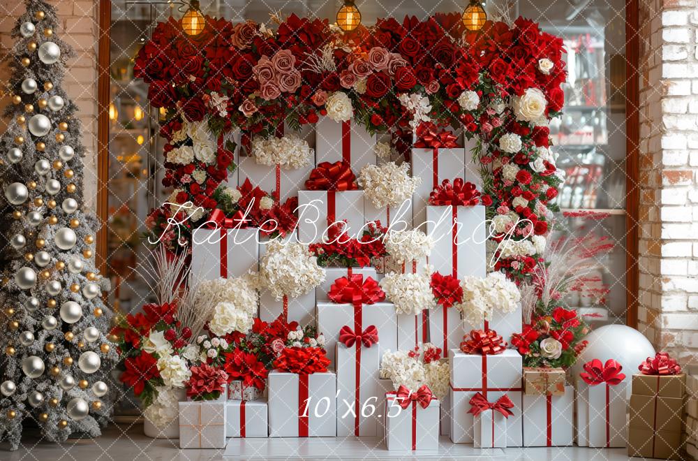 Kate Weihnachten Geschenke Blumen Rot Weiß Hintergrund Entworfen von Mini MakeBelieve - Kate Backdrop.de