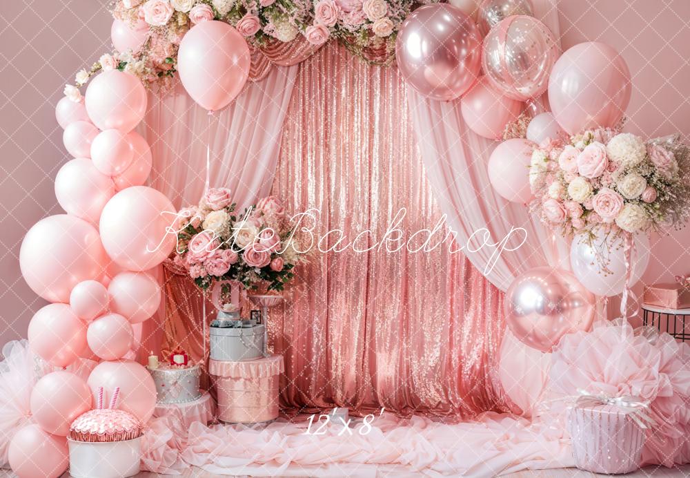 Kate Geburtstag Ballons Blumen Rosa Fleece Hintergrund Entworfen von Emetselch - Kate Backdrop.de