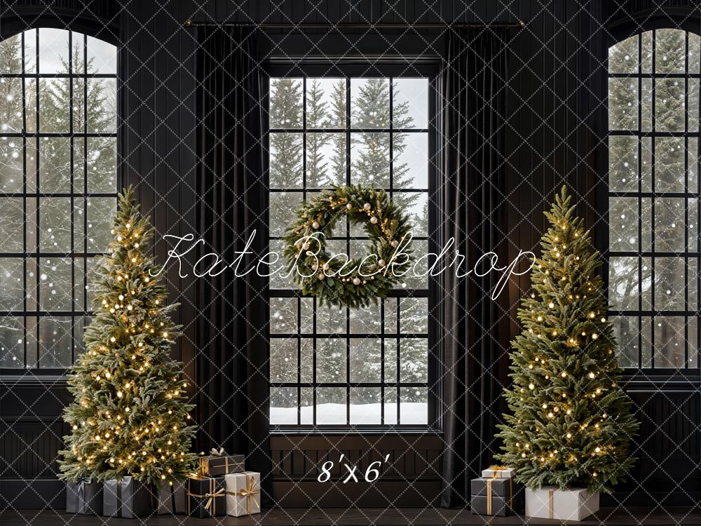 Kate Weihnachten Tannenbäume Fenster Kranz Schwarz Hintergrund Entworfen von Emetselch