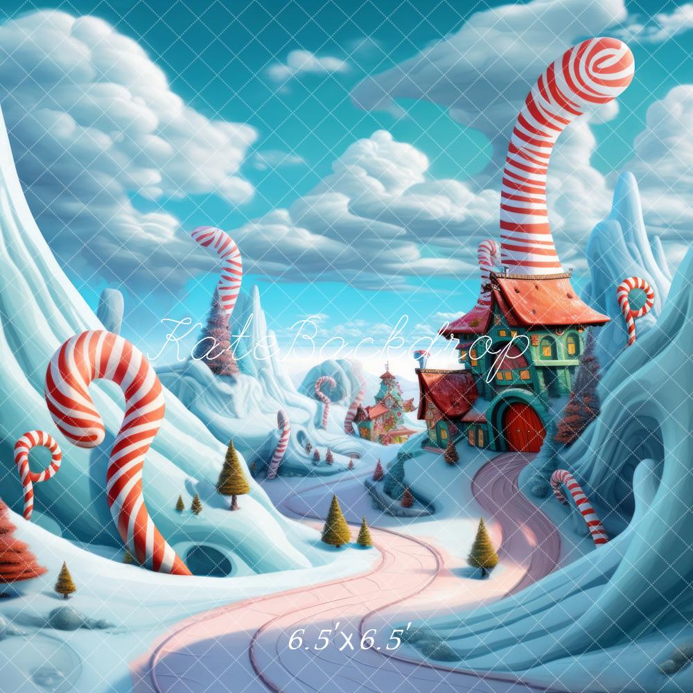 Kate Weihnachten Zuckerstangenhaus Winter Cartoon Hintergrund Entworfen von Megan Leigh - Kate Backdrop.de