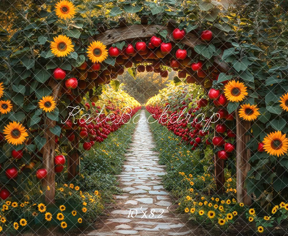 Kate Herbst Apfelbogen Sonnenblumen Gartenweg Hintergrund Entworfen von Mini MakeBelieve