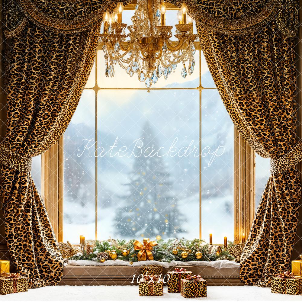 Kate Weihnachten Fenster Leopard Vorhänge Gold Hintergrund Entworfen von Emetselch - Kate Backdrop.de