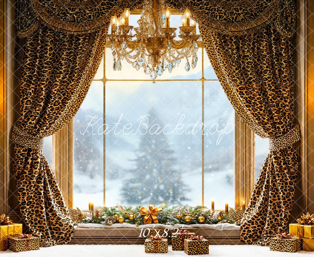 Kate Weihnachten Fenster Leopard Vorhänge Gold Hintergrund Entworfen von Emetselch - Kate Backdrop.de