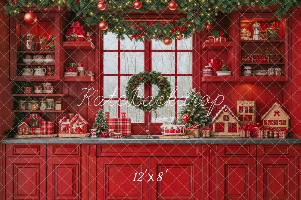 Kate Weihnachten Küche Lebkuchenhaus Rot Hintergrund Entworfen von Emetselch - Kate Backdrop.de