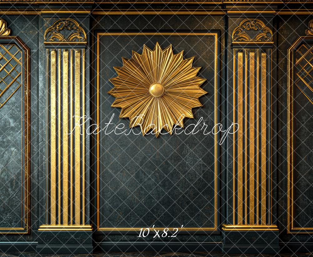 Kate Art Deco Goldene Verzierung Schwarz Hintergrund Entworfen von Mini MakeBelieve - Kate Backdrop.de
