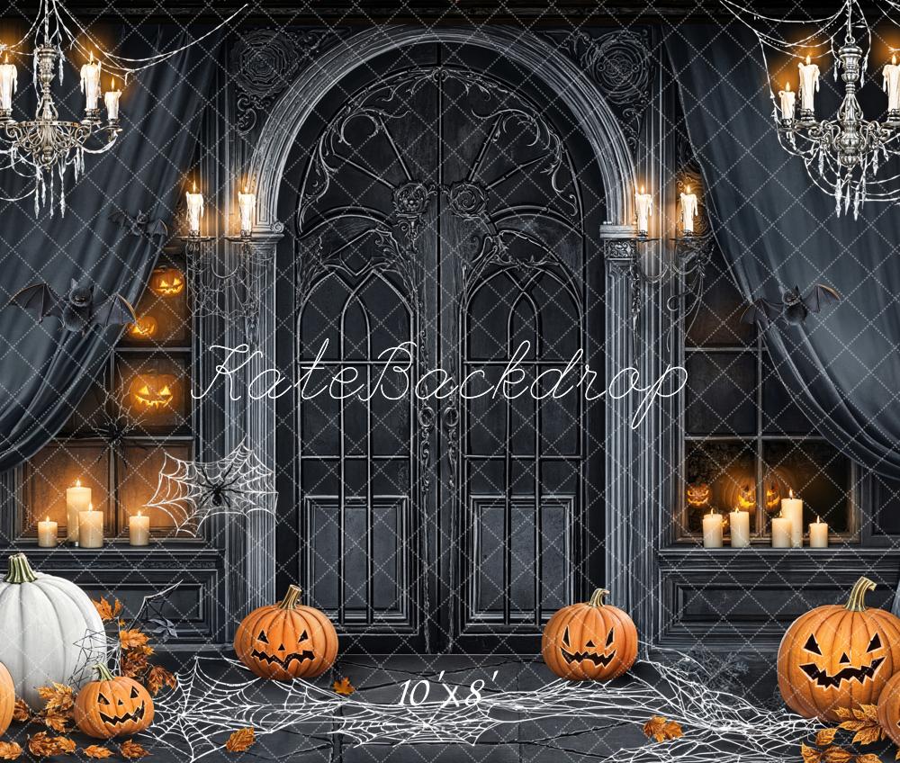 Kate Halloween Kürbisse Spinnweben Grau Fleece Hintergrund Entworfen von Chain - Kate Backdrop.de
