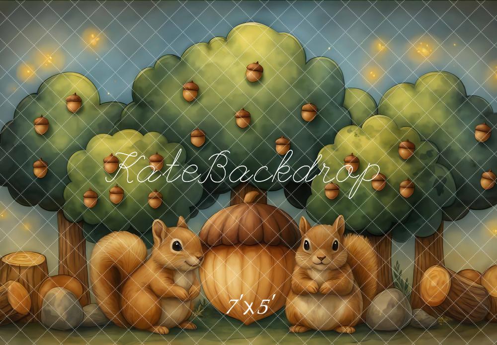 Kate Herbst Eichhörnchen Eichen Bäume Cartoon Hintergrund Entworfen von Mini MakeBelieve - Kate Backdrop.de