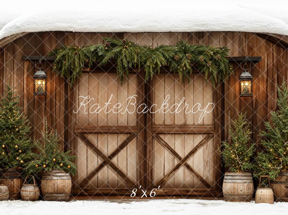 Kate Weihnachten Scheune Tannenbäume Holz Braun Fleece Hintergrund Entworfen von Emetselch - Kate Backdrop.de