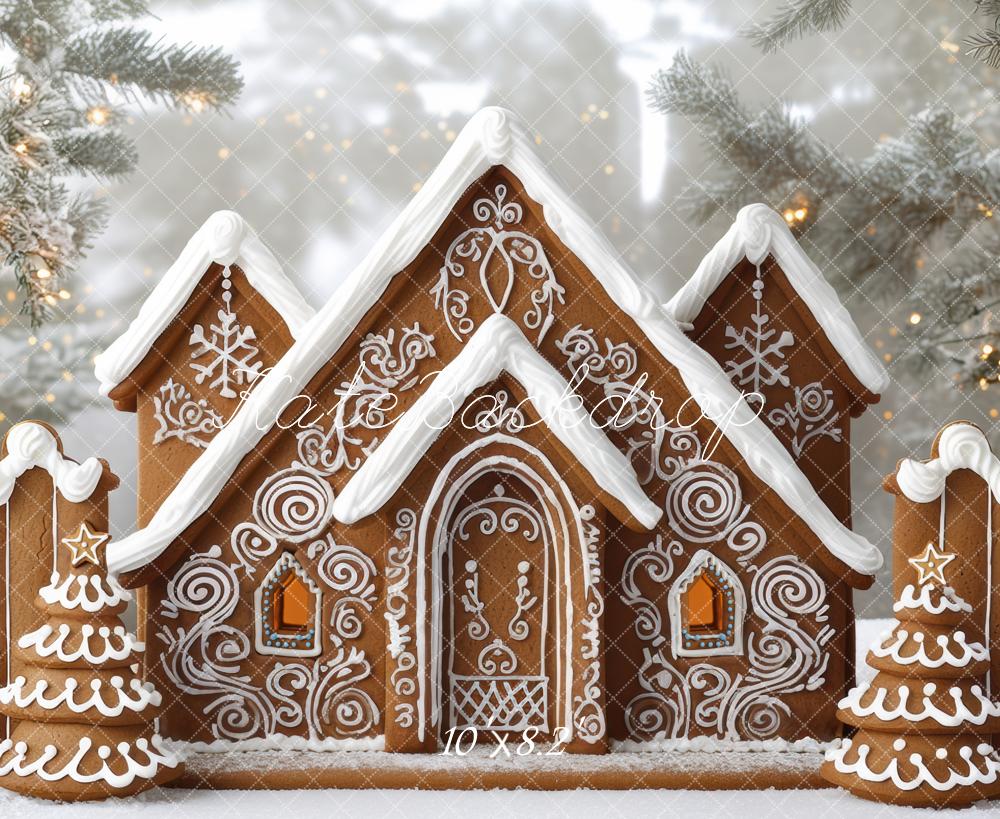 Kate Weihnachten Lebkuchenhaus Tannen Schnee Hintergrund Entworfen von Mini MakeBelieve - Kate Backdrop.de