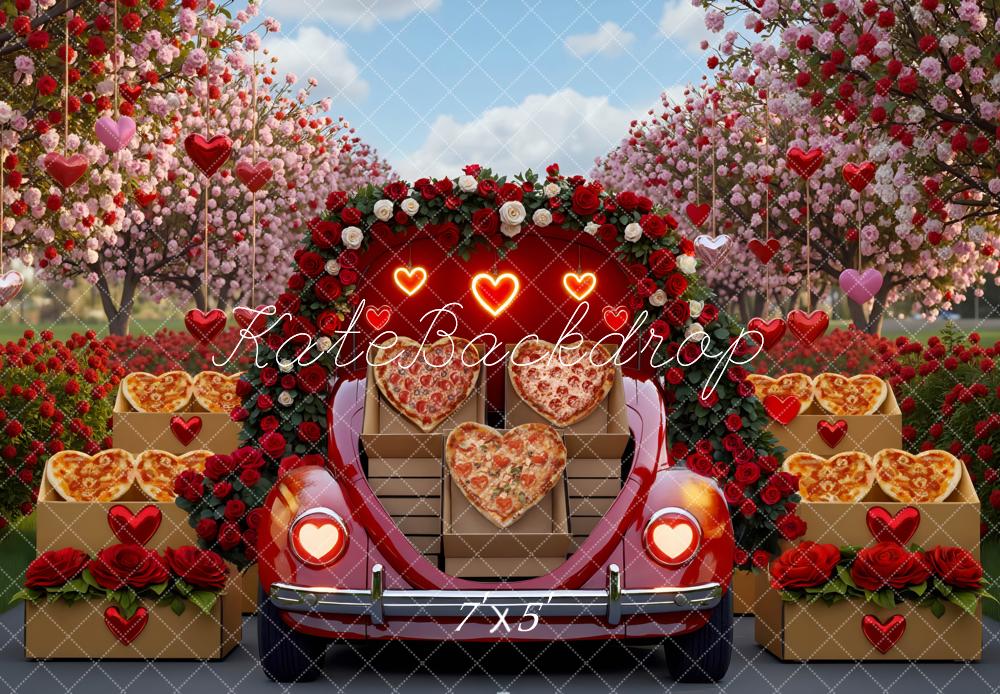 Kate Valentinstag Herzpizza Auto Rosen Hintergrund Entworfen von Mini MakeBelieve - Kate Backdrop.de