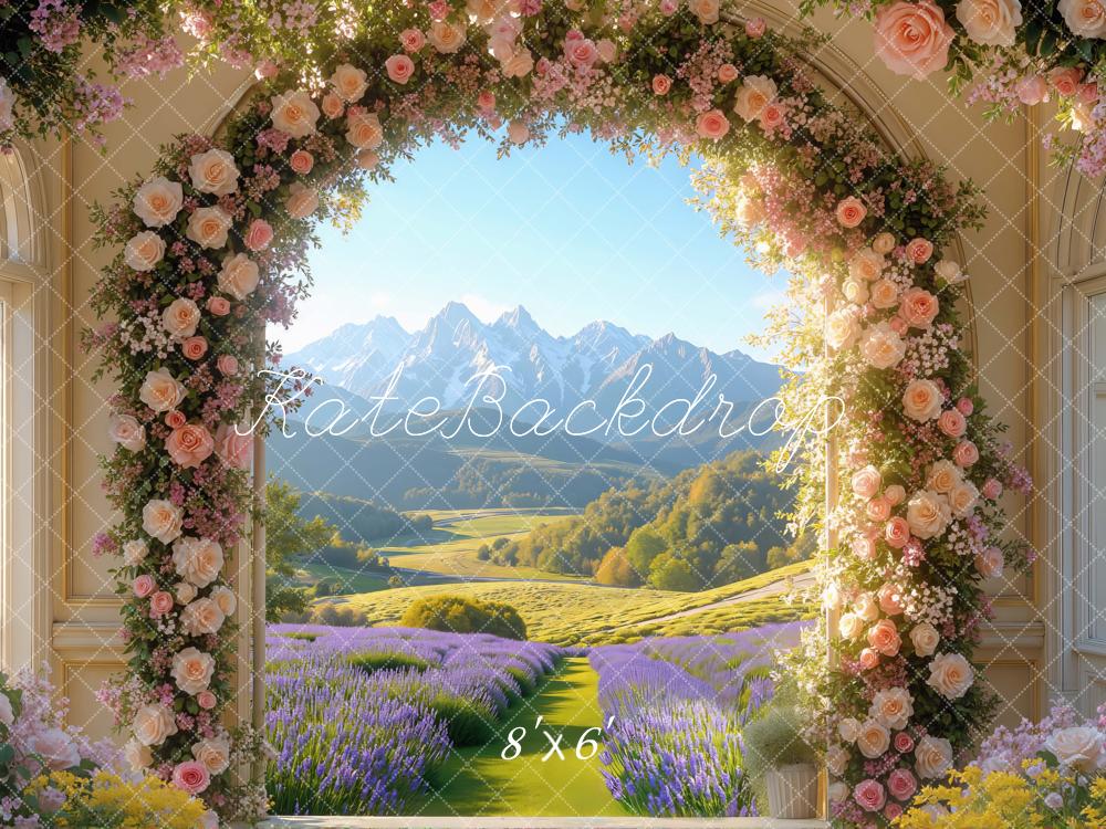 Kate Blumenbogen Lavendelfeld Berge Romantik Hintergrund Entworfen von Mini MakeBelieve - Kate Backdrop.de