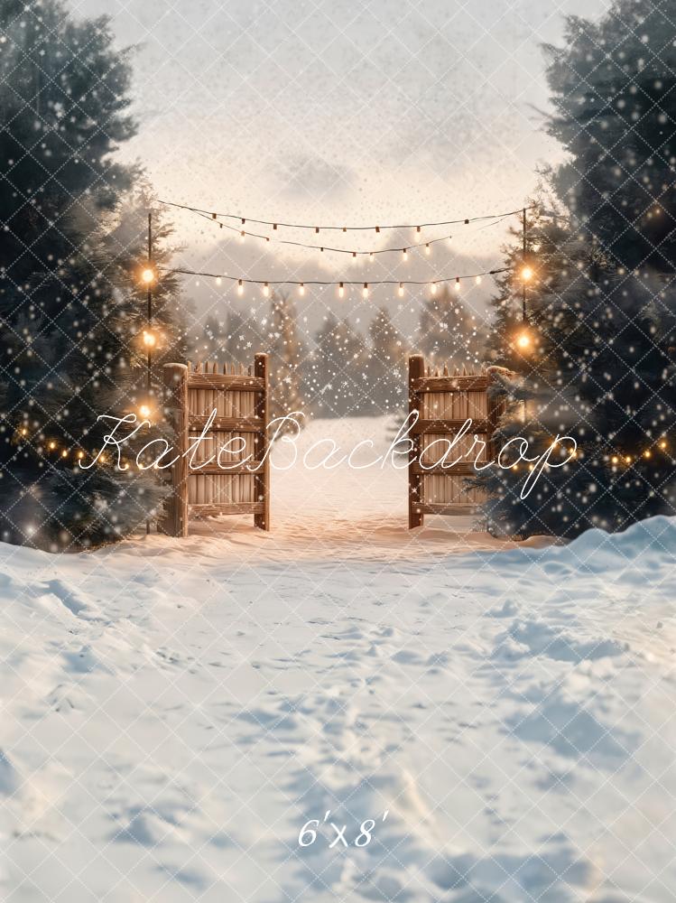 ⚡Blitzangebote-Kate Winter Lichterkette Holztor Schnee Hintergrund Entworfen von Emetselch - Kate Backdrop.de