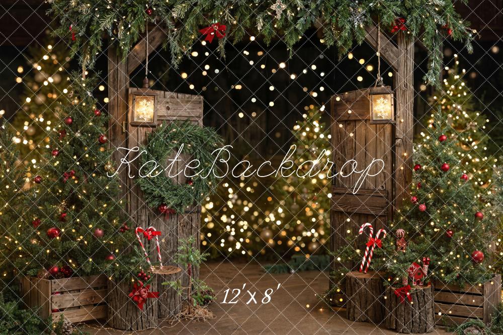 Kate Weihnachten Holztor Weihnachtsbaum Warmlicht Fleece Hintergrund Entworfen von Emetselch - Kate Backdrop.de