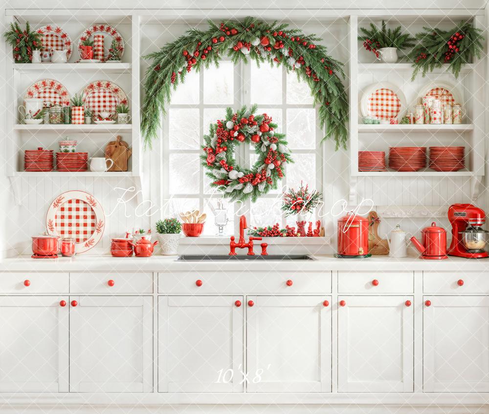 Kate Weihnachten Küche Girlande Rot Weiß Fleece Hintergrund Entworfen von Emetselch - Kate Backdrop.de