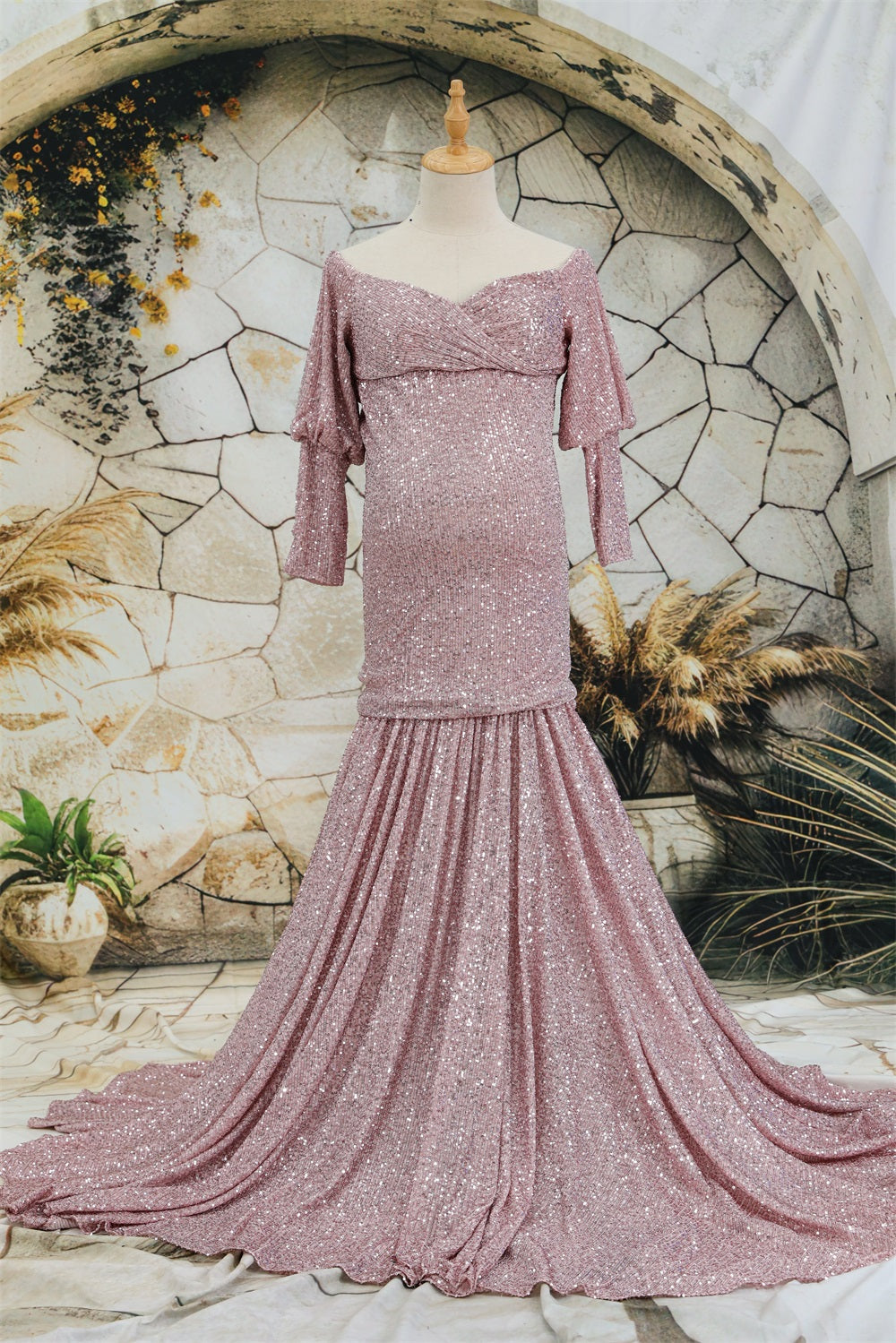 Kate Sequin Embroidery Trailing Detachable Sleeve Maternity Photoshoot Dress - Kate Backdrop.de