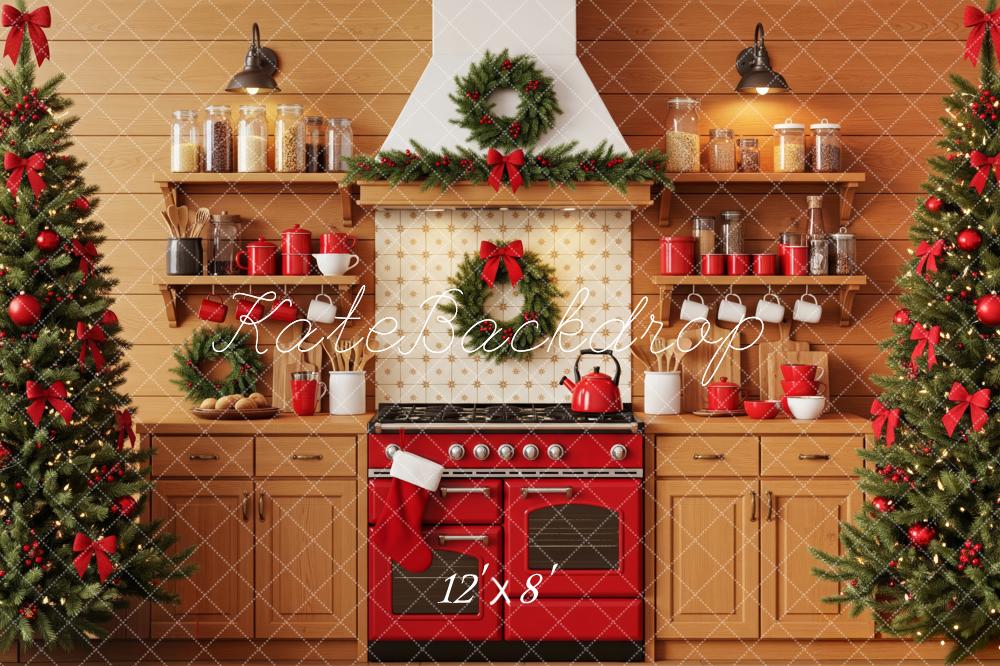Kate Weihnachten Küche Tannenbaum Rot Hintergrund Entworfen von Patty Roberts