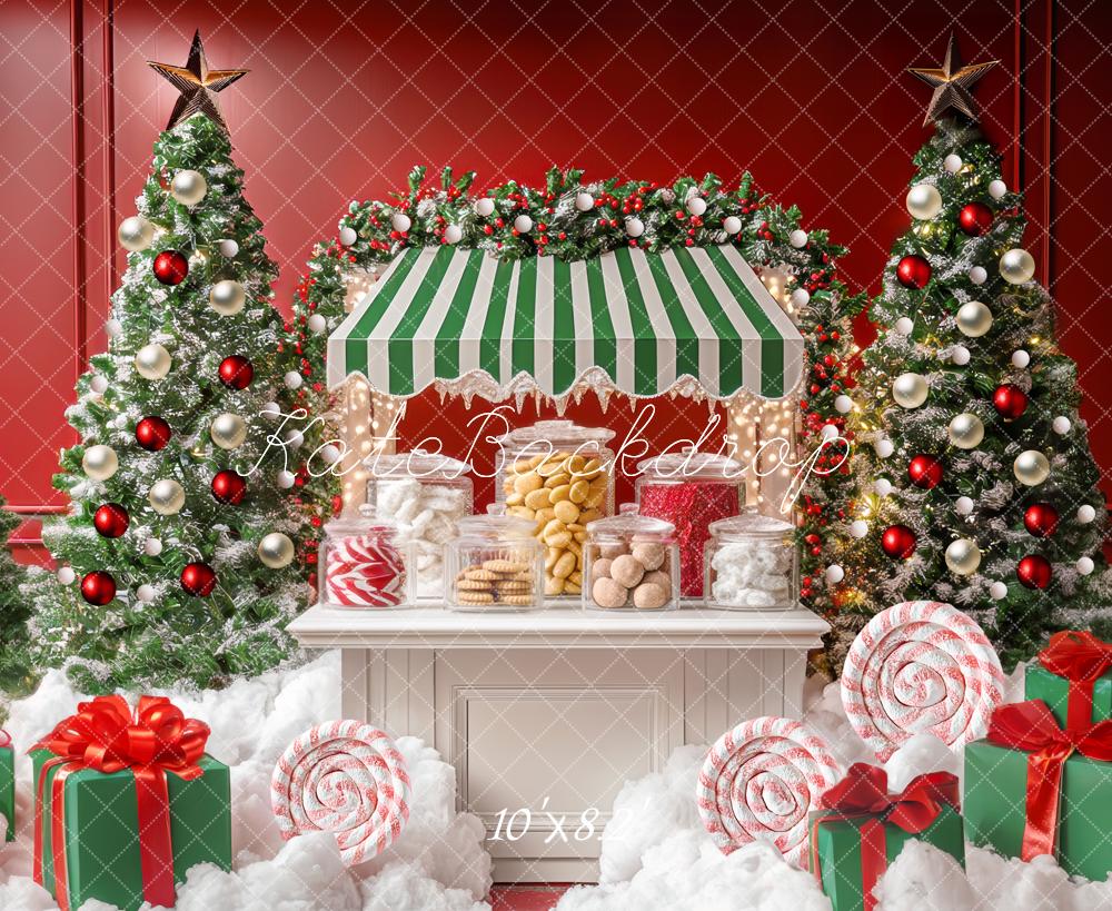 Kate Weihnachten Süßigkeitenstand Tannenbäume Rot Grün Hintergrund Entworfen von Mini MakeBelieve - Kate Backdrop.de