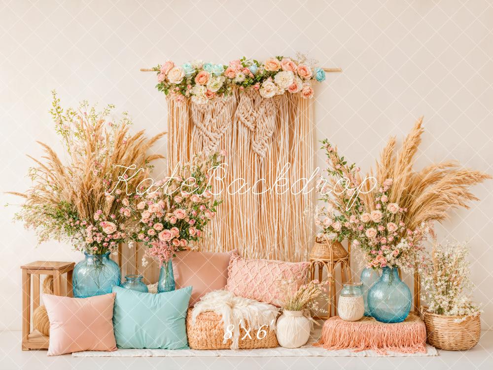 Kate Boho Blumen Makramee Trockenblumen Hintergrund Entworfen von Emetselch - Kate Backdrop.de