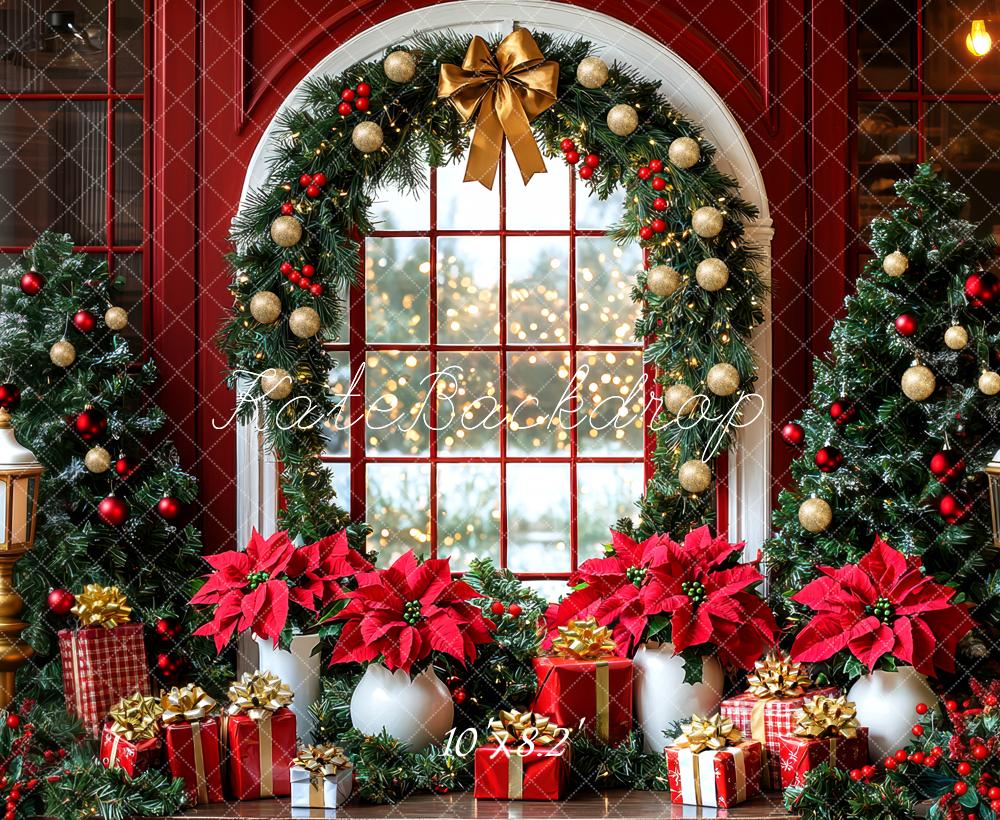 Kate Weihnachten Fenster Kranz Poinsettien Hintergrund Entworfen von Mini MakeBelieve - Kate Backdrop.de