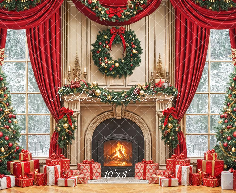 Kate Weihnachten Kamin Weihnachtsbaum Rot Fleece Hintergrund Entworfen von Emetselch - Kate Backdrop.de